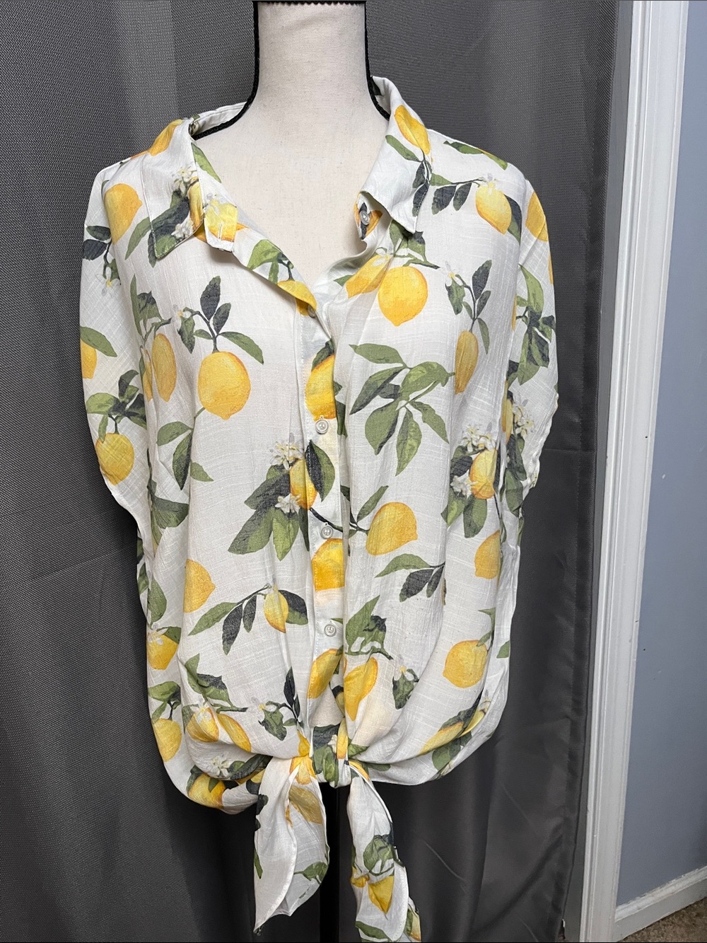 Women's Lemon-Print Tie-Front Button Down Shirt - White/Yellow